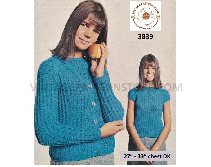 Girls 70s vintage lacy rib V neck DK raglan cardigan & slash neck cap sleeve summer top pdf knitting pattern 27" to 33"  PDF download 3839