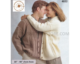 90s Family Aran Cardigan Knitting Pattern, Dolman Sleeve (PDF Pattern ) 30-48" Chest