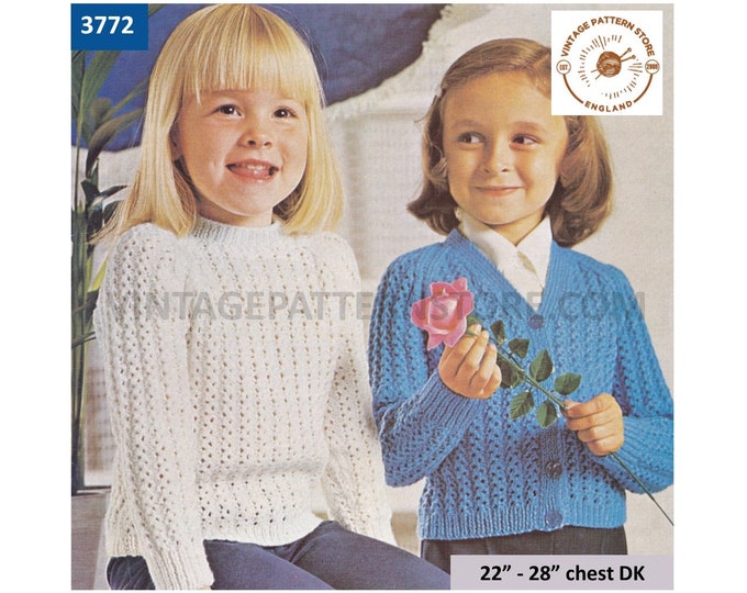 Toddlers Girls 70s easy to knit DK V neck raglan cardigan & round neck sweater jumper pdf knitting pattern 22" to 28" PDF download 3772