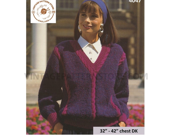 Ladies Womens 90s V neck drop shoulder cable cabled dolman DK sweater jumper pdf knitting pattern 32" to 42" Instant PDF download 4047