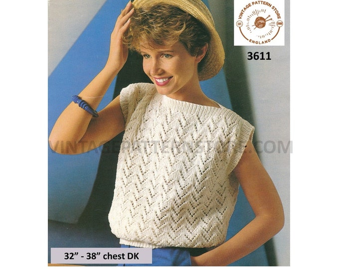 Womens 90s slash neck chevron eyelet lace lacy cap sleeve slipover Summer top sweater vest pdf knitting pattern 32" to 38" Download 3611