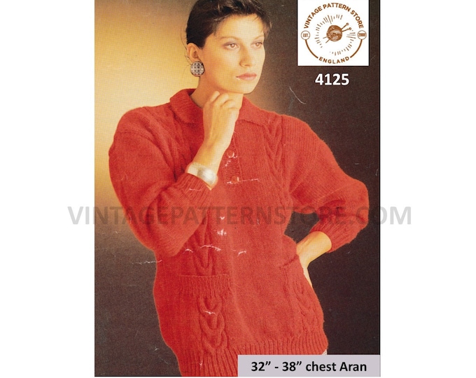 Ladies Womens 90s shirt neck collared cabled drop shoulder dolman aran sweater jumper pdf knitting pattern 32" to 38" PDF download 4125