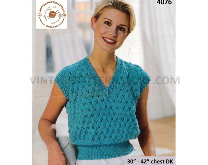 Ladies Womens 90s V neck cap sleeve lacy eyelet lace DK slipover sweater vest Summer top pdf knitting pattern 30" to 42" chest download 4076