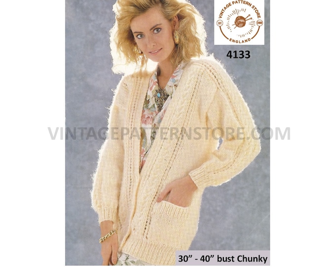 Ladies Womens 90s deep V neck cable and lace edged drop shoulder chunky knit dolman cardigan pdf knitting pattern 30" to 40" download 4133