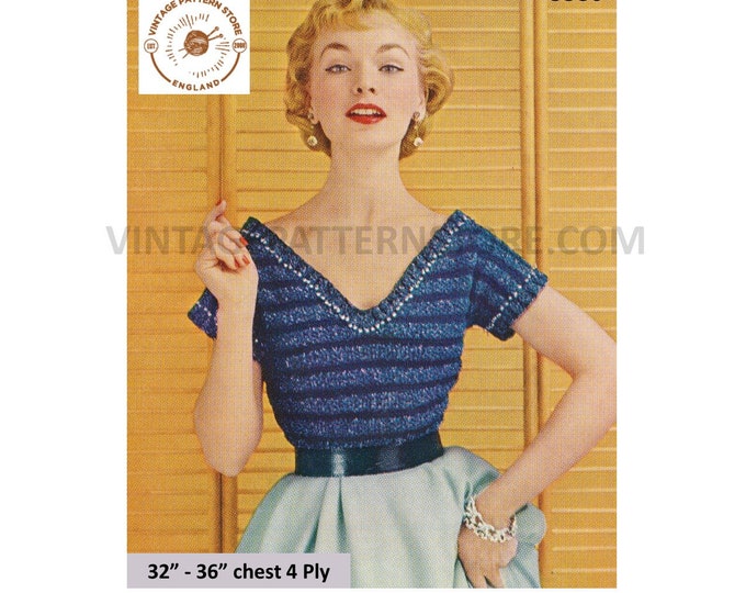 Ladies Womens 50s vintage 4 ply V neck striped short sleeve raglan sweater jumper pdf knitting pattern 32" to 36" Instant PDF download 3386