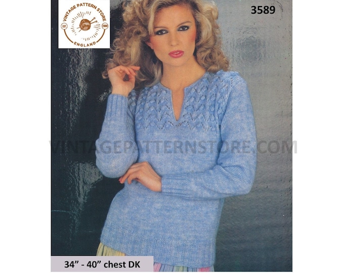 Ladies Womens 80s vintage DK split shirt neck cable yoke yoked raglan sweater jumper pullover pdf knitting pattern 34" to 40" Download 3589