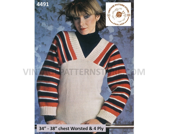 Ladies Womens 80s vintage V neck striped worsted oversweater & 4 ply polo neck sweater jumper pdf knitting pattern 34" to 38" Download 4441