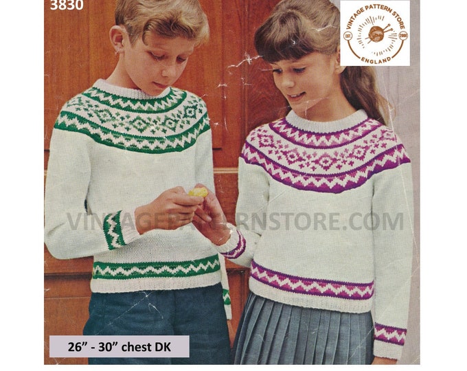Girls Boys 70s vintage easy to knit fair isle yoke round neck raglan DK sweater jumper pdf knitting pattern 26" to 30" Instant download 3830