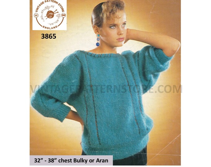 Ladies Womens 80s vintage roll neck ribbon trim aran or bulky knit dolman sweater jumper pdf knitting pattern 32" to 38" chest download 3865