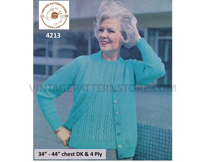 Ladies Womens 60s vintage DK V neck raglan cardigan and 4 ply lacy eyelet lace sweater jumper pdf knitting pattern 34" to 44" Download 4213