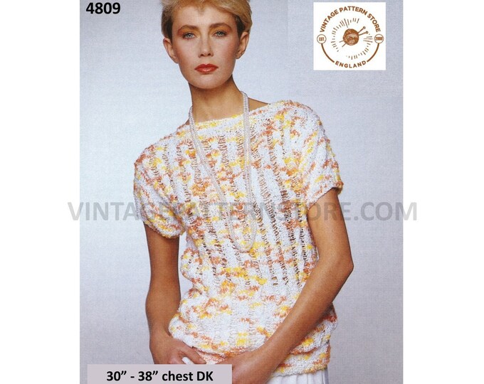 Womens Ladies 90s slash neck lacy string lace striped short sleeve Summer sweater jumper pdf knitting pattern 30" to 38" chest Download 4809