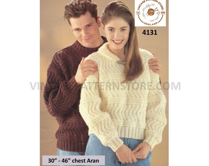 Ladies Womens Mens 90s crew neck or collared cabled drop shoulder dolman aran sweater jumper pdf knitting pattern 30" to 44" download 4131