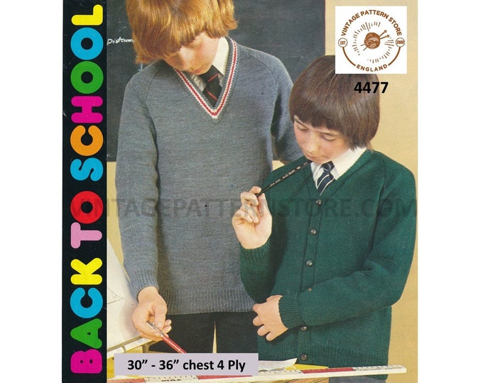 Boys 70s vintage plain and simple easy to knit V neck 4 ply raglan cardigan & sweater pdf knitting pattern 30" to 36" Download 4477