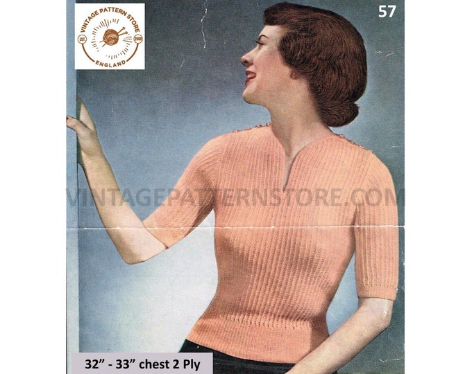 Ladies Womens 50s vintage split neck 2 ply short sleeve raglan Summer sweater jumper pdf knitting pattern 32" to 33" chest PDF Download 57
