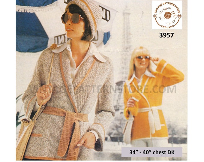 Ladies Womens 70s vintage V neck shawl collar DK belted raglan cardigan jacket pdf knitting pattern 34" to 40" chest Instant download 3957