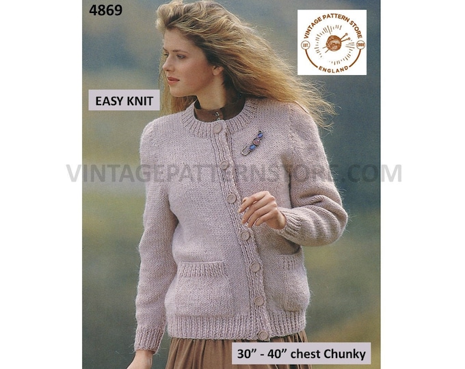 Womens Ladies 90s chunky fun quick and easy to knit round neck plain raglan cardigan jacket pdf knitting pattern 30" to 40" Download 4869