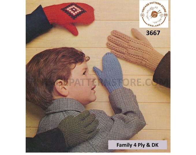 Boys Girls Ladies Womens Mens 70s vintage DK and 4 ply mittens and gloves knitting pattern Instant PDF download 3667