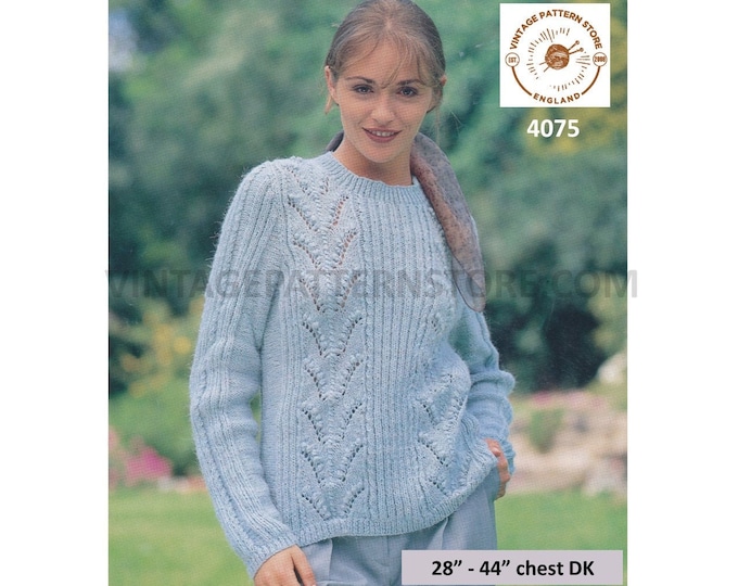 Ladies Womens 90s round neck rib and lacy eyelet lace panel cabled raglan DK sweater jumper pdf knitting pattern 28" to 44" Download 4075