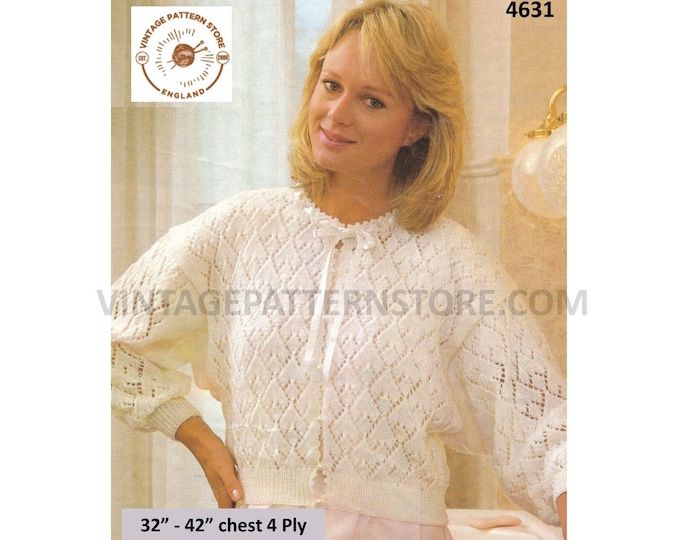 Womens 80s vintage 4 ply picot round neck lacy eyelet lace dolman bed jacket bedjacket pdf knitting pattern 32" to 42" Download 4631