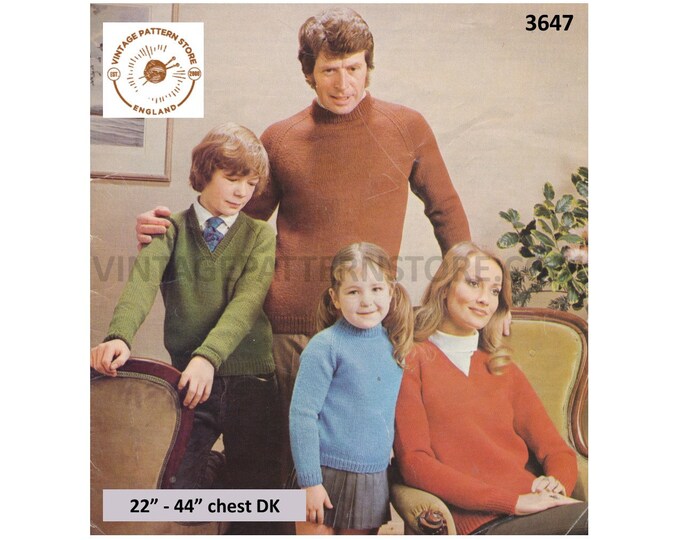 Ladies Womens Mens Boys Girls 70s Family easy to knit V or crew neck raglan DK sweater jumper pdf knitting pattern 22" to 44" Download 3647