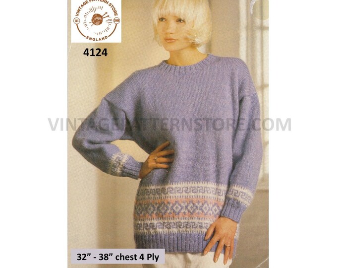 Ladies Womens 90s round neck fair isle banded drop shoulder dolman 4 ply sweater jumper pdf knitting pattern 32" to 38" Download 4124