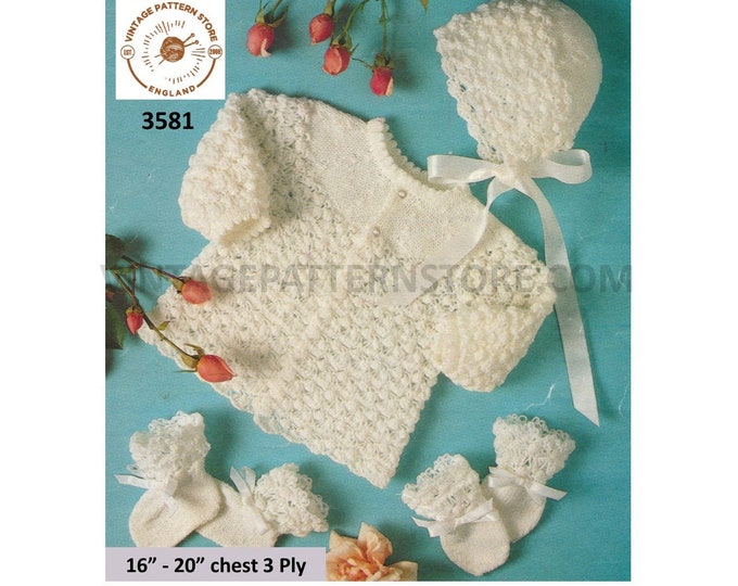 Baby Babies 80s vintage 3 ply lacy pram set layette picot matinee coat bonnet booties mittens pdf knitting pattern 16" to 20" Download 3581