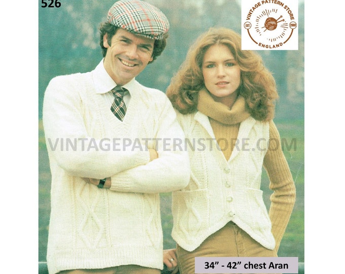 Ladies Womens Mens 80s vintage V neck cable cabled aran sweater jumper and waistcoat pdf knitting pattern 34" to 42" chest PDF download 526