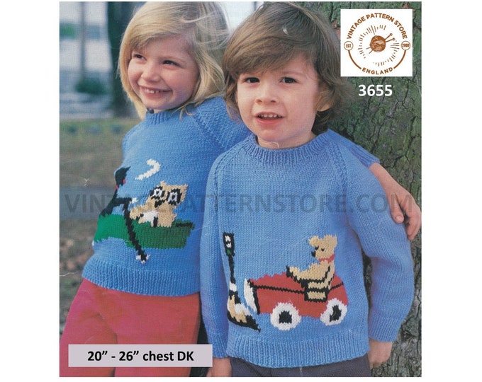 Girls Boys 80s nursery rhyme owl and the pussy cat & teddy bear motif raglan DK sweater jumper pdf knitting pattern 20" to 26" Download 3655