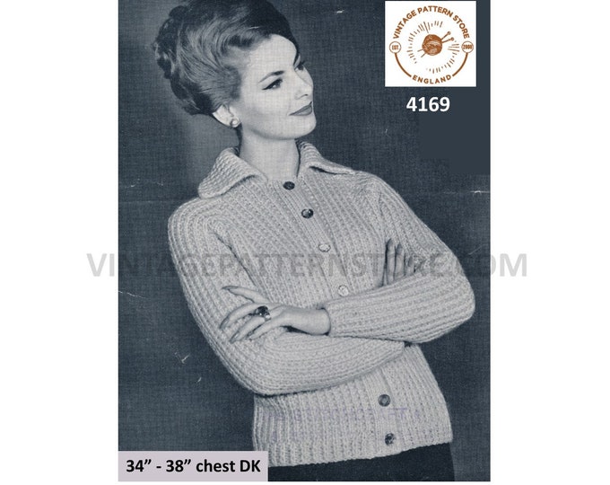Ladies Womens 50s vintage chunky knit collared rib ribbed raglan cardigan jacket pdf knitting pattern 34" to 38" Instant Download 4169