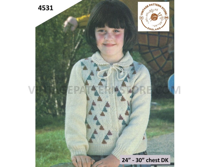 Girls 80s vintage DK picot collar tie neck intarsia raglan cardigan pdf knitting pattern 24" to 30" chest Instant PDF Download 4531