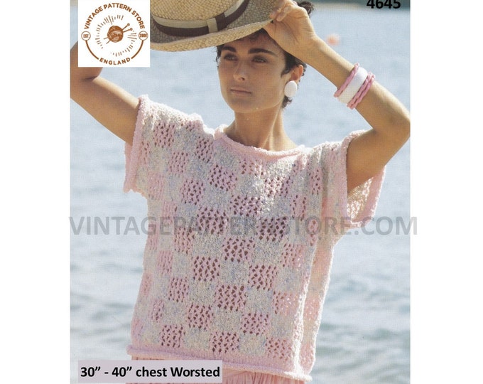 Womens 90s worsted roll edge round neck lacy lace check short sleeve Summer sweater jumper pdf knitting pattern 30" to 40" PDF Download 4645