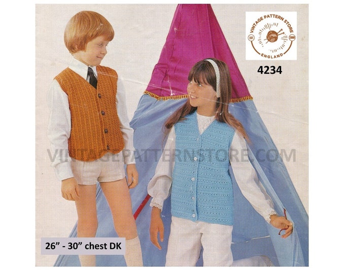 Girls Boys 70s vintage DK V neck sleeveless cardigan waistcoat pdf crochet pattern 26" to 30" chest Instant PDF Download 4234
