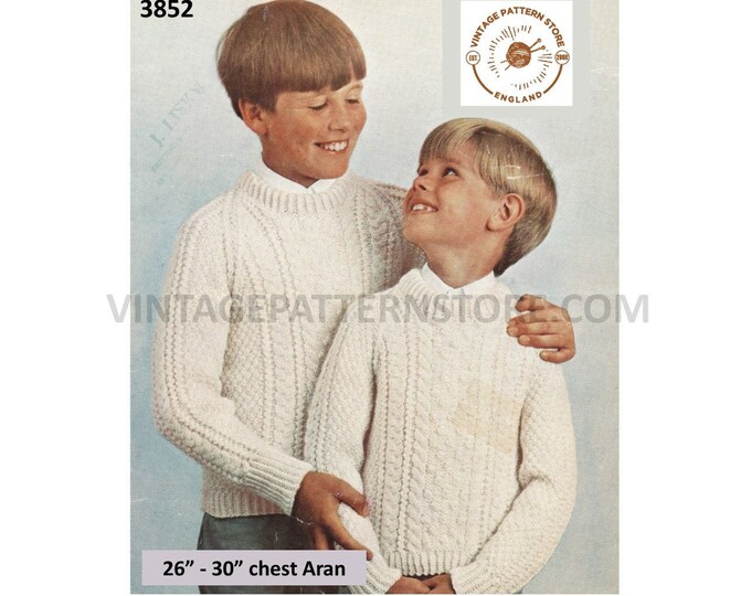 Boys 70s vintage crew neck cable cabled raglan aran sweater jumper pullover pdf knitting pattern 26" to 30" Chest Instant PDF download 3852