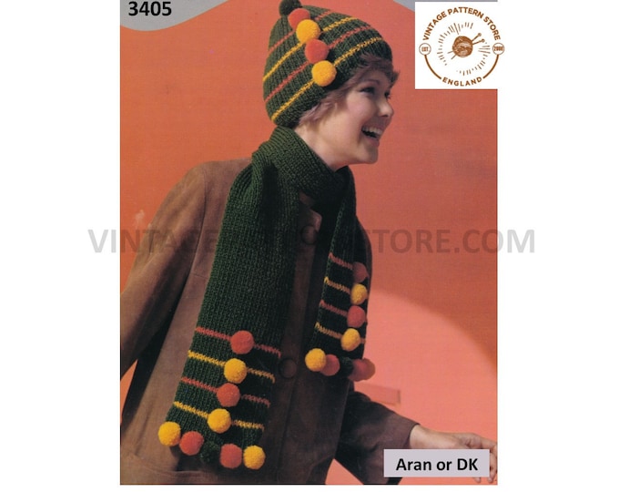Ladies pom pom hat and scarf knitting pattern, Ladies Womens 60s aran or DK pom pom hat scarf pattern - Size - Adult - PDF Download 3405