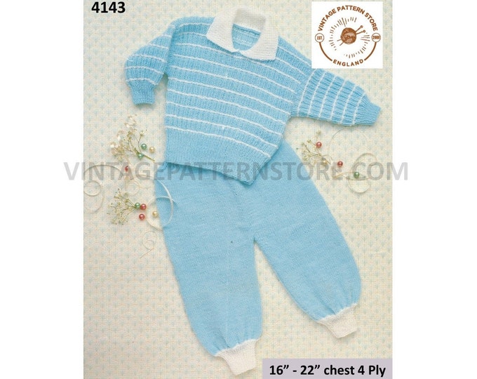 Baby Babies 90s round neck collared striped raglan 4 ply sweater jumper & trousers pdf knitting pattern 16" to 22" Instant PDF download 4143