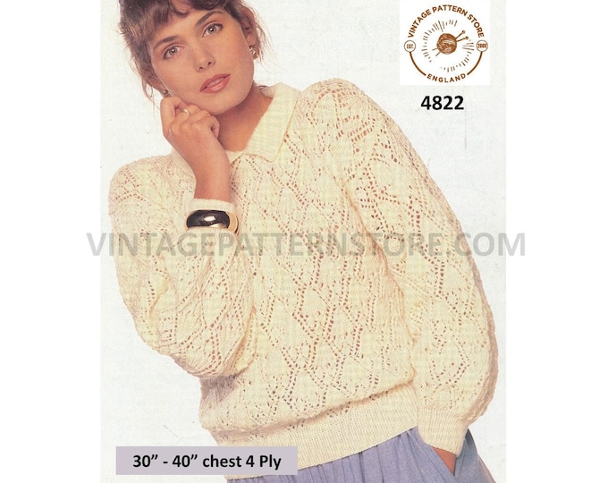 Womens 90s 4 ply collared round neck eyelet lace lacy drop shoulder dolman sweater jumper pdf knitting pattern 30" to 40" Download 4822