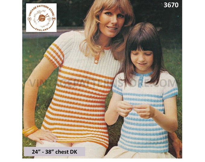 Ladies Girls 70s vintage rib ribbed striped short sleeve shirt neck DK Summer sweater jumper pdf knitting pattern 24" to 38" Download 3670