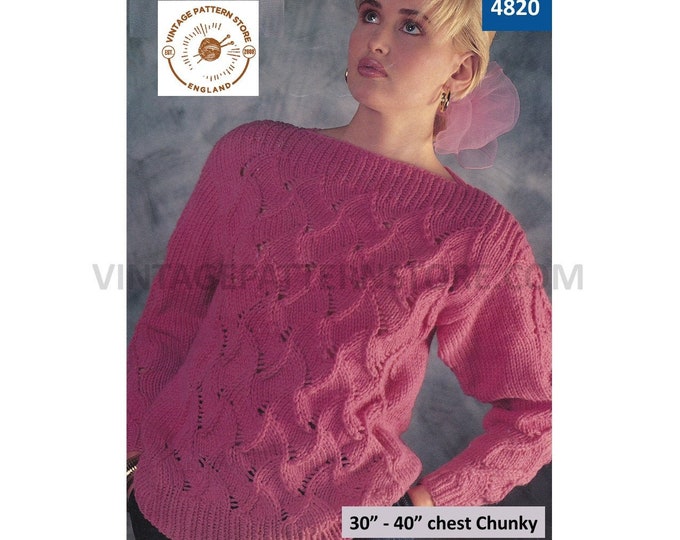 Womens 90s Chunky slash neck cabled cable and lace lacy drop shoulder dolman sweater jumper pdf knitting pattern 30" to 40" Download 4820