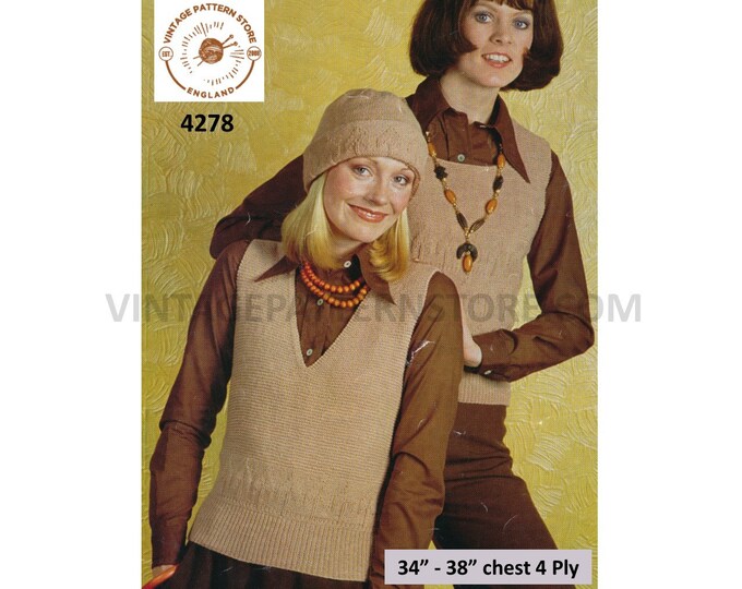 Ladies Womens 70s vintage 4 ply V square neck texture panel slipover sweater vest summer top pdf knitting pattern 34" to 38" Download 4278