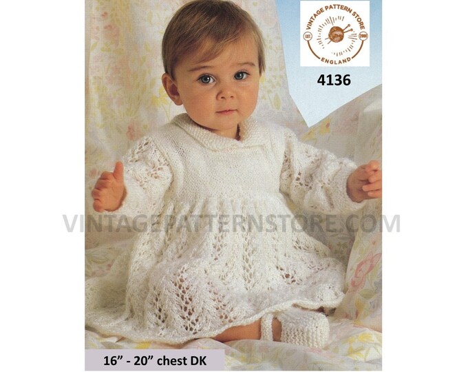 Baby Babies 90s collared long sleeve lacy raglan DK dress and bootees booties shoes pdf knitting pattern 16" to 20" Instant Download 4136