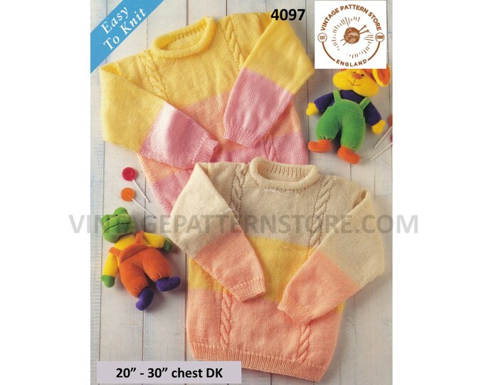 Boys Girls Toddlers 90s roll neck DK multi coloured cable cabled raglan sweater jumper pdf knitting pattern 20" to 30" chest Download 4097
