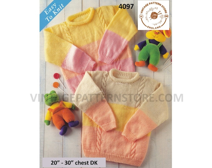 Boys Girls Toddlers 90s roll neck DK multi coloured cable cabled raglan sweater jumper pdf knitting pattern 20" to 30" chest Download 4097