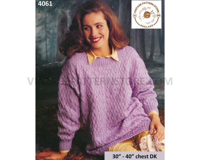 Ladies Womens 90s round neck drop shoulder textured DK slouchy dolman sweater jumper pdf knitting pattern 30" to 40" Instant download 4061