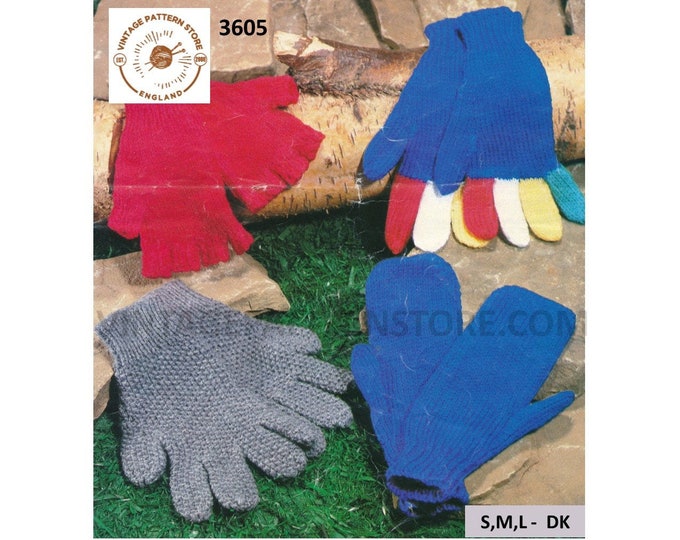 80s Small Medium and large plain and simple easy to knit DK gloves and mittens knitting pattern PDF download 3605