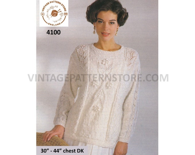 Ladies Womens 90s round neck cable and lace panel lacy DK drop shoulder dolman sweater jumper pdf knitting pattern 30" to 44" download 4100
