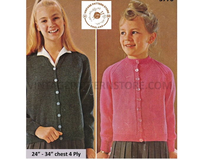 Girls 70s vintage retro plain & simple easy to knit V or round neck 4 ply raglan cardigan pdf knitting pattern 24" to 34" PDF download 3776