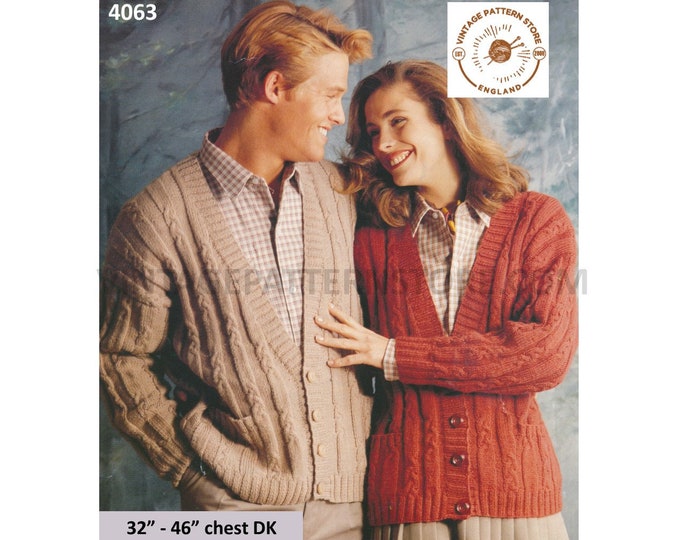 Ladies Womens Mens 90s V neck rib cable cabled drop shoulder dolman DK cardigan pdf knitting pattern 32" to 46" Chest Instant download 4063