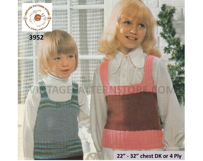 Girls Boys 70s DK or 4 ply square neck rib ribbed sleeveless sweater vest slipover tank top pdf knitting pattern 22" to 32" Download 3952