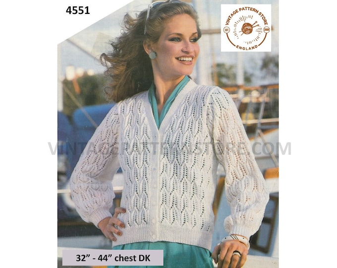 Ladies Womens 80s vintage V neck wheat sheaf eyelet lace lacy DK raglan cardigan pdf knitting pattern 32" to 44" chest Instant Download 4551