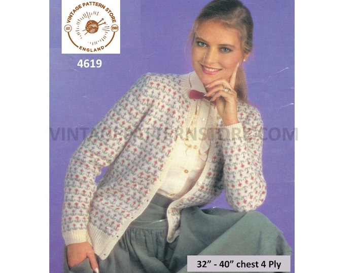 Ladies Womens 80s vintage round neck floral fair isle banded 4 ply raglan cardigan pdf knitting pattern 32" to 40" Download 4619